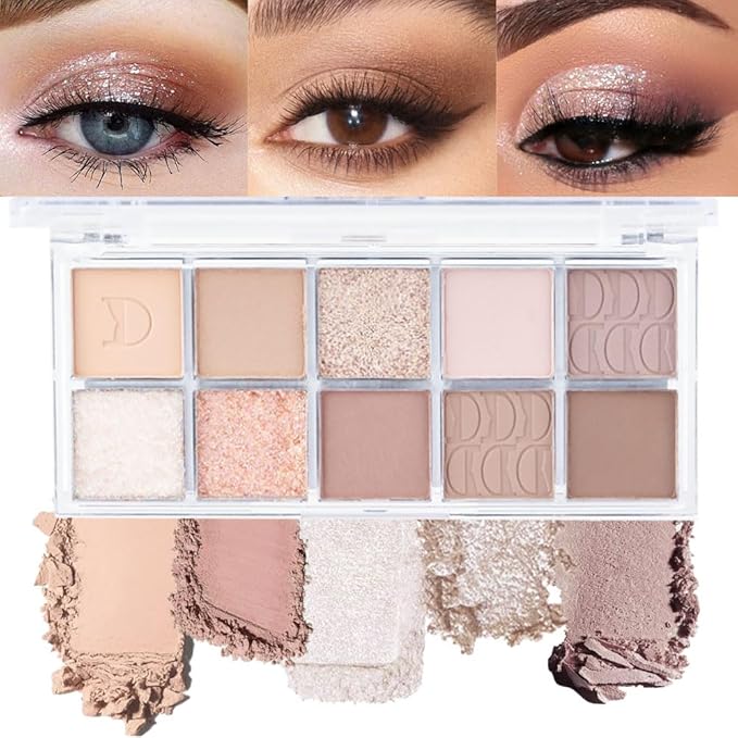 10Colors Light Brown Nude Silver Eyeshadow Palette Makeup,Natural Neutral Eye Shadow,Naturing-Looking Long Lasting Waterproof Blendable Hypoallergenic Suitable for Beginners