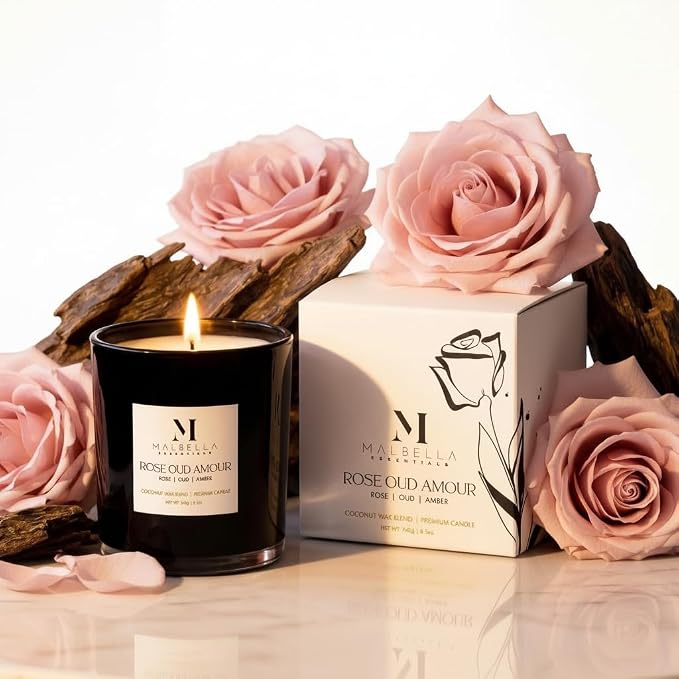 Rose Oud Amour Luxury Scented Candle for Women & Men | 8.5 oz Hand-Poured Coconut Wax Blend | Modern Self-Care Aromatherapy Candle | 50 Hr Burn | Gift-Ready Glossy Glass Vessel
