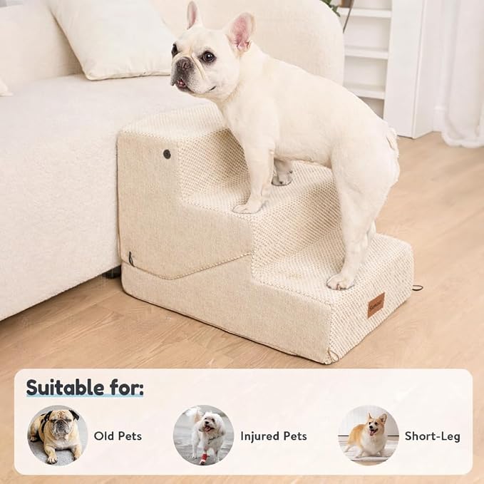 3-Step Dog Stair and Ramp for Small Dogs and Cats, Pet Steps for Sofa and Couch with Non-Slip Bottom, Beige