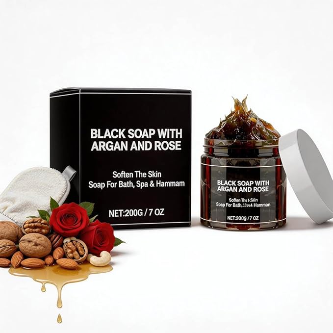 Moroccan Black Soap Hammam, Frosted Gloves, Exfoliating Body Cleanser, Argan Oil Nut Oil and Rose O il– Deep Cleansing, Softens Skin Highly Moisturize (1PCS Moroccan Body Care)