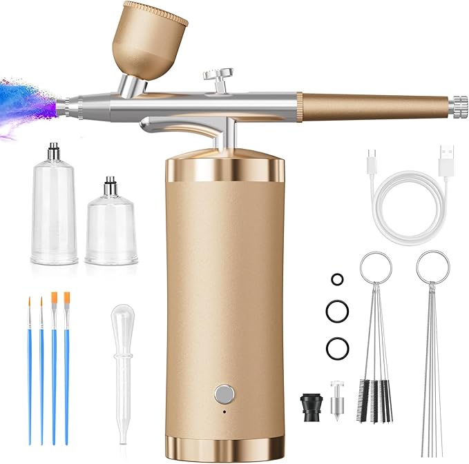 Airbrush Kit With Compressor 48PSI Rechargeable High Pressure Air Brush Set Cordless Airbrush Kit with 0.3mm Nozzle for Painting,Nail Art, Cake Decor,Makeup,Modeling (Golden)