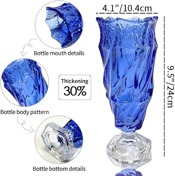 Glass Flower vase 2.4lb 9.5inch,Bohemian Style, for Centerpieces,Wedding,Home Decor Glass Vase (Blue)