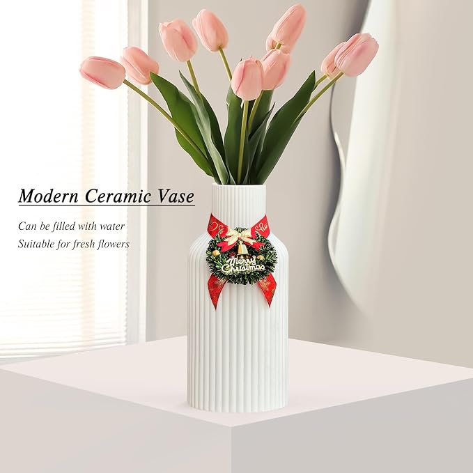 Pure White Ceramic Flower Vase for Christmas, Minimalist Modern Home Decor, Matte Finish Pampas Grass Vase for Table, Fireplace, Shelf, Mantel, Entryway and Centerpieces