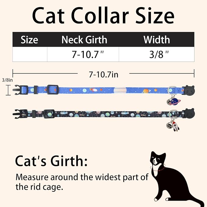 Cat Collar Breakaway, 2 Pack Cotton Kitten Collars with Bells and Removable Charms, Cute Planet Shaped for Indoor Boy, Girl and Adult Cats