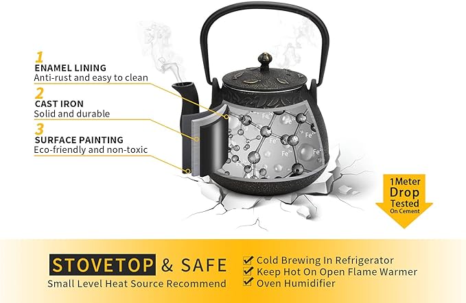 Tea Kettle, Toptier Japanese Cast Iron Tea Kettle for Stove Top, Stovetop Safe Cast Iron Teapot with Infusers for Loose Tea, 40 Ounce (1200 ml), Black