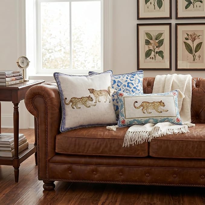 patdrea Designer French Vintage Linen Throw Pillow Cover,18"x18"-Fromm E | Elegant Decorative Pillow Case with Zipper,Leopard Pattern,Pillow Cover for Couch Living Room Bedroom Sofa