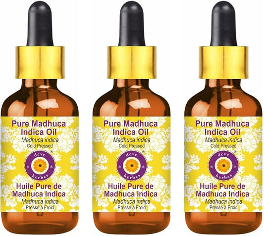 Deve Herbes Pure Madhuca Indica Oil (Madhuca Indica) with Glass Dropper Cold Pressed (Pack of Three)100ml X 3 (10 oz)