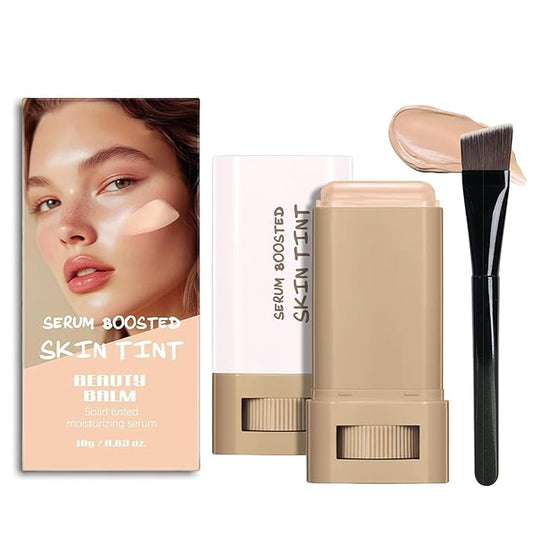 Beauty Balm Serum Boosted Skin Tint with Brush– Lightweight Essence Tinted Foundation Stick for Flawless Sheer to Full Coverage, Natural & Breathable Contour Stick for Face Makeup (#04)