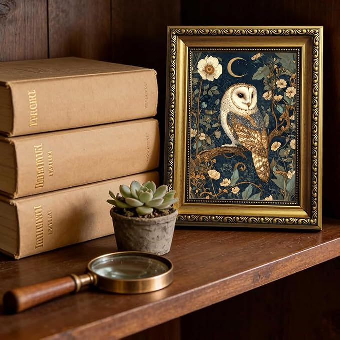 William Morris Gold Framed Wall Art Vintage Woodland Barn Owl Wall Decor | Cottagecore Botanical Animal Pictures Canvas Art Moody Dark Academia Small Framed Prints Artwork for Bookshelf Gallery Wall