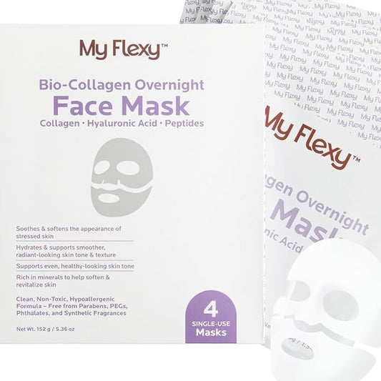 Bio Collagen Overnight Facial Mask with Peptides, Hyaluronic Acid & Antioxidants, Brightening Hydrating Facemask for Women, Hydrogel Korean Face Masks Skincare, Facial Sheet Skincare - 4 Pack