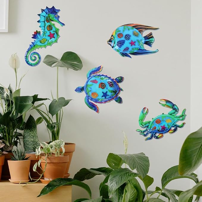 VEWOSTAR Metal Ocean Wall Art Decor Outdoor,Beach Wall Sculpture Set of 4 | Themed House Decor for Bathroom, Coastal Patio, Garden Fence, Pool Wall Art, Nautical Outdoor Decor Gift