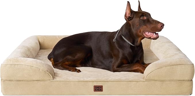 EHEYCIGA Orthopedic XXL Dog Bed, Waterproof Washable XL Big Pet Bed 52" | Non-Slip Bottom and Egg-Crate Memory Foam Extra Large Pet Couch Bed with Washable Removable Cover, Greige