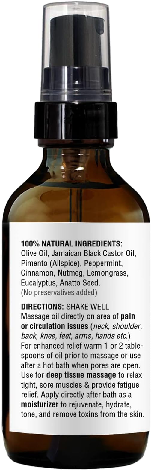 Natural Pimento Massage Oil 2oz | Moisturizing Soothing Muscle Relief | Refreshing Mint Scent | Pimento Oil (Allspice), Jamaican Black Castor Oil, Peppermint, Lemongrass