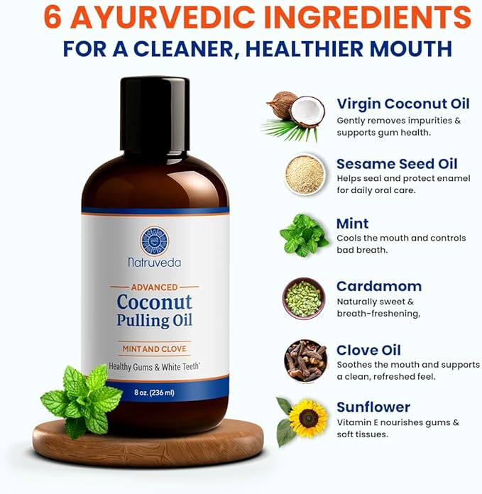 Natruveda Coconut Oil Pulling Mouthwash – 8 oz, Virgin Clove & Mint Blend, Ayurvedic Oral Rinse for Teeth Whitening, Natural Mouthwash for Gums, Gentle Pulling Oil for Daily Use