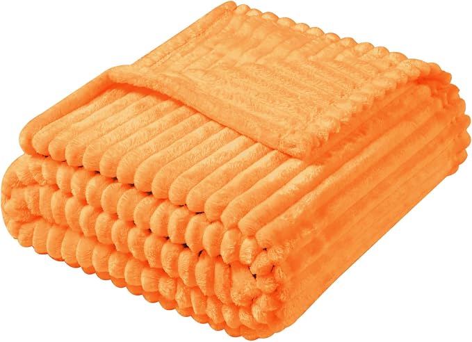 Vessia Flannel Fleece King Size Bed Blanket(108x90 inch), 300GSM Orange Striped Bed Blanket for Adults, Super Soft Warm Cozy Lightweight Ribbed Decor for All-Season