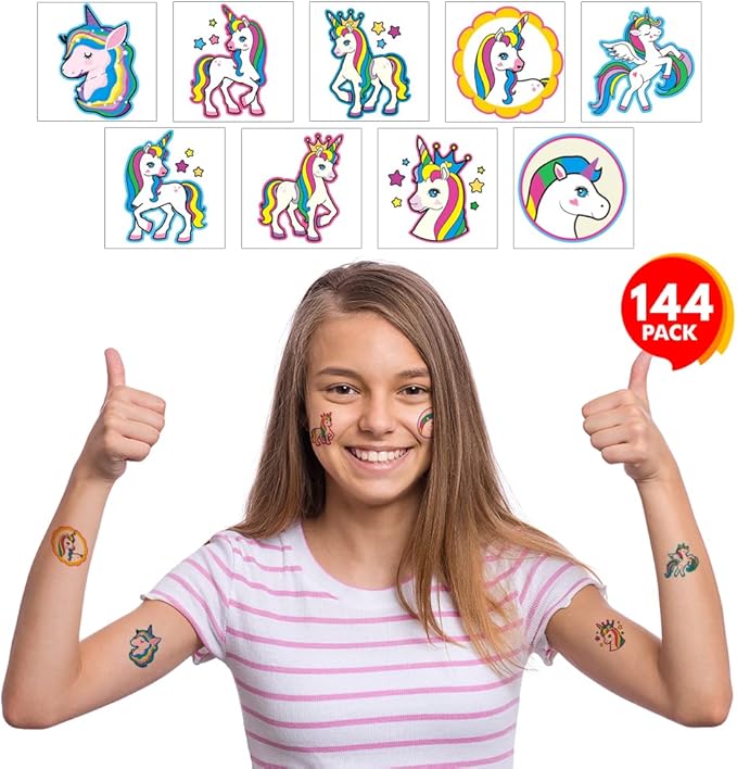 ArtCreativity Unicorn Individual Temporary Tattoos for Kids - Bulk Pack of 144 Pre-Cut Unicorn Tattoos in Assorted Designs - Rainbow Unicorns Animal Themed Birthday Party Favors and Goodie Bag Fillers