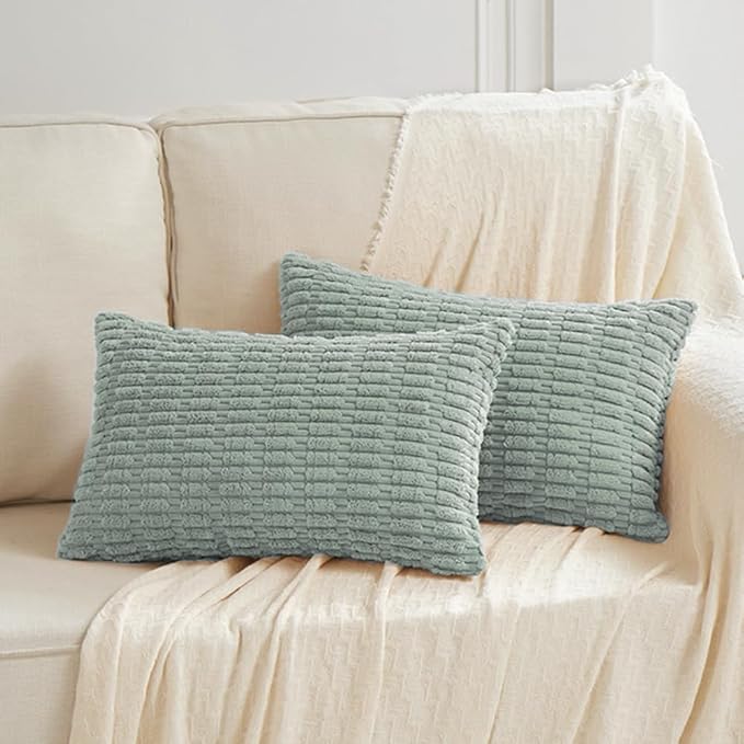 Fancy Homi Decorative Throw Pillow Covers for Bed Couch Bedroom Bench, Soft Lumbar Corduroy Solid Pillow Case, Rustic Farmhouse Boho Room Décor, 24" x 12" (Pack of 1), Grey Blue