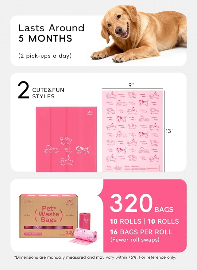 Dog Poop Bags Refill Rolls, 320 Bags, Pink | Baby Powder Scented, Extra Thick, 60% Recycled Plastic, Easy-Peel Sticker, 16 Bags Per Roll, Dual Pink Designs