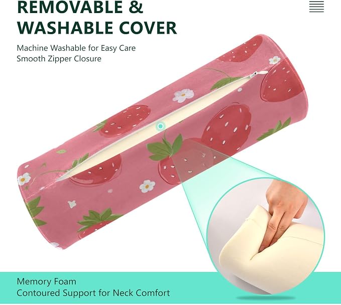 Neck Roll Pillow Bolster Pillows Round Health Memory Foam Long Cervical Cylinder Body Removable Washable Cover Bed Legs Back Yoga Pink Strawberry