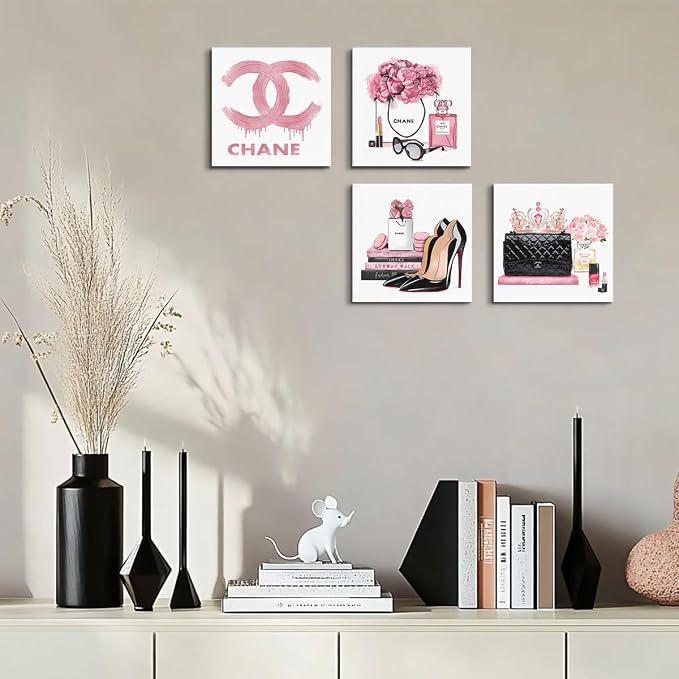 4 Pcs Fashion Canvas Wall Art Pink Room Decor Aesthetic Framed Posters Art | Pink Pictures Prints Artwork for Women Teen Girls Room Bedroom Living Room Apartment Vogue Living Room Decor 8 x 8 inches