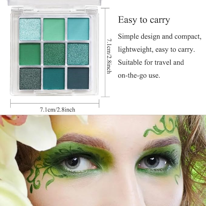 9 Colors Green Glitter Matte Eyeshadow Makeup Palette, Elphaba Witch Costume Eyeshadow Makeup, Highly Pigmented Bright Neon Dark Green Eye Shadow for Fairy Joker Goth Wicked Halloween Parties Makeup