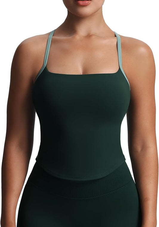 Aoxjox Women's Workout Sleeveless Color Block Lexi Tank Tops Contrasting Strap Cross Back Yoga Curve Longline Crop Top