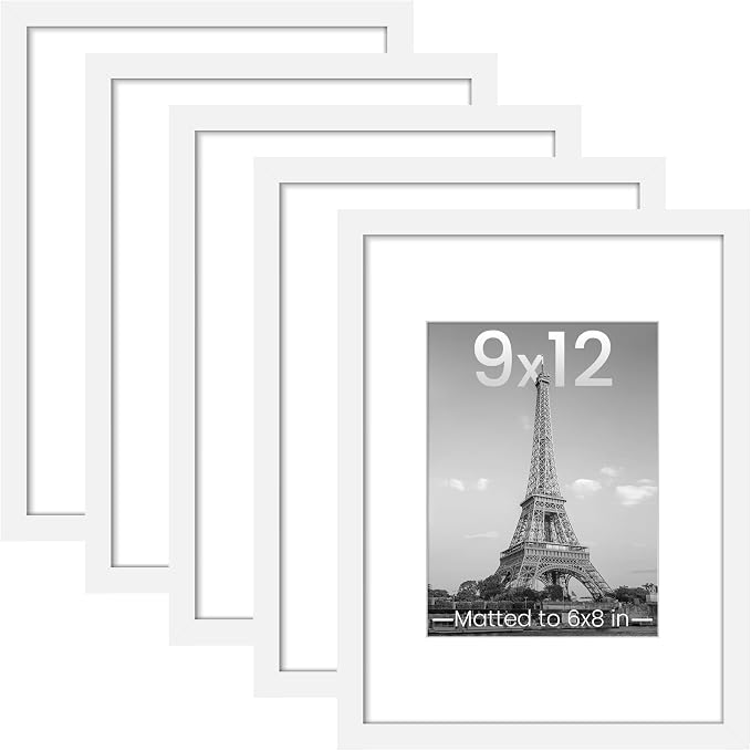 upsimples 9x12 Picture Frame, Gallery Wall Frames Set of 5, White | Photo Frame Collage Wall Decor, 6x8 Picture Frame with Mat for Family, Baby, Hallway, Christmas