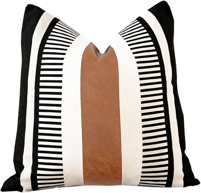 Black White Boho Pillow Cover with Leather Modern Couch Cushion Cover 22x22 inch Farmhouse Stripe Pillowcase for Couch Bed, Black