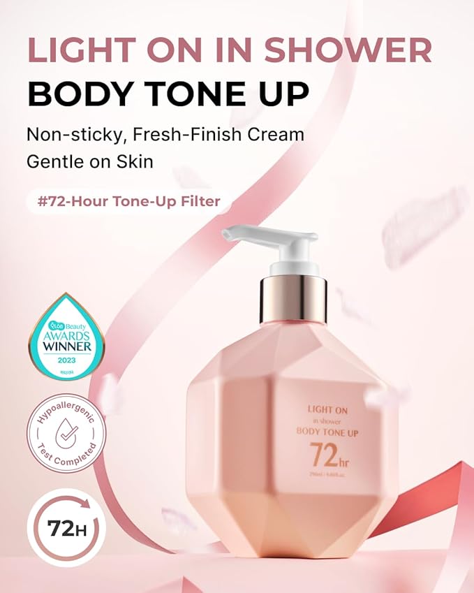 BOM Light On In Shower Body Tone Up Lotion 9.80 fl.oz, Lightweight Non-Greasy Moisturizer, Peach, Milk Protein, Rose, Yogurt Extracts, Long Lasting Body Shower Lotion, Hypoallergenic Korean Skincare