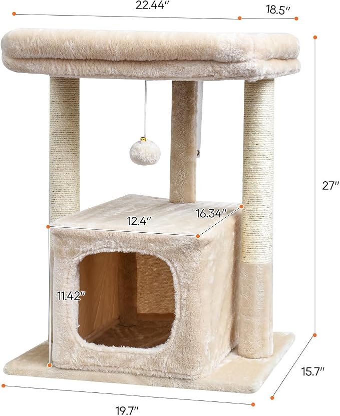 SYANDLVY 27" Cat Tree for Indoor Cats, Activity Tower with Scratching Posts | Modern Kitten Condo with Plush Perch & Hanging Ball for Play, Beige