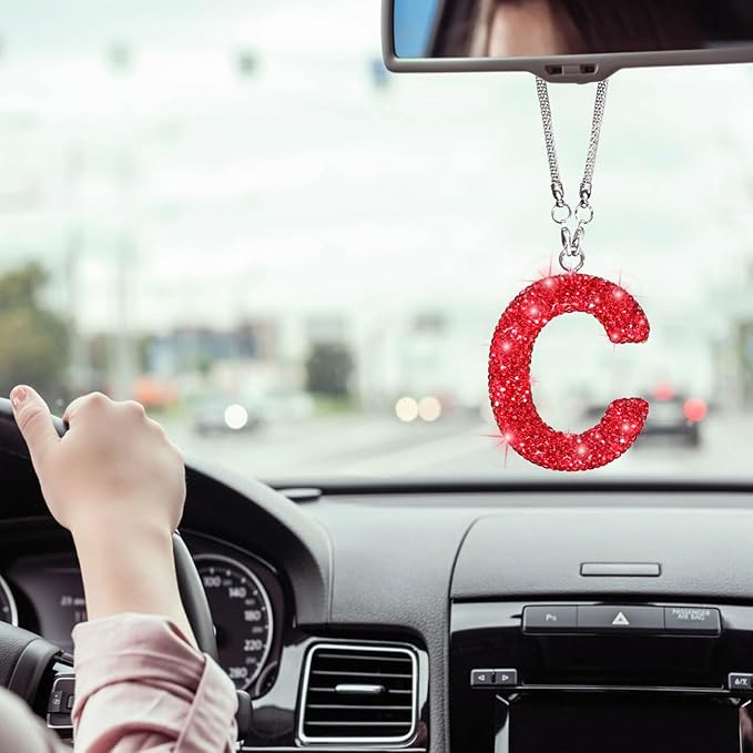Bling Rear View Mirror Hanging Accessories, Crystal Rhinestone Diamond Car Charms for Rear View Mirror Letter C, Cute Lucky Red Bling Car Accessories for Women (Red,C)