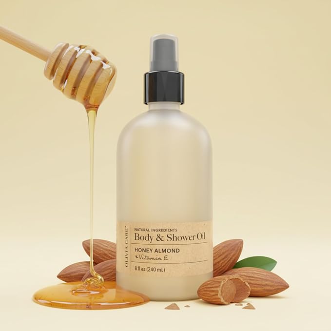 Olivia Care Nourishing Honey Almond Body Oil with Vitamin E: In-Shower Bliss for All Skin Types - 8 Fl Oz. (Honey Almond and Vitamin E)