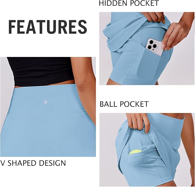 PINSPARK 14" Womens Tennis Skirt High Waisted Golf Skort with 2 Pockets | Built-in Shorts, A Line, Tummy Control, Stretchy, Casual, Mini, Workout, Pickleball, Running, Skort for Woman