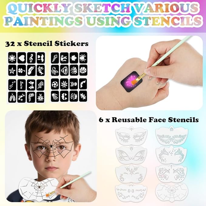 Face Painting Kit for Kids, 42 Colors Water Based Face Paint, 16 Crayons, 8 Reusable Stencils and 32 Sticky Stencils, 10 Brushes, 2 Gem Sheets, Professional Face Painting Kit for Parties Halloween