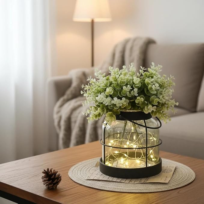 Dnnnii Vintage Glass Farmhouse Vase - Handmade Rustic Lantern Planter with Bonus Artificial Flowers & LED Lights (Home Decor Centerpiece), Farmhouse Wedding/Easter Decor, Housewarming Gift
