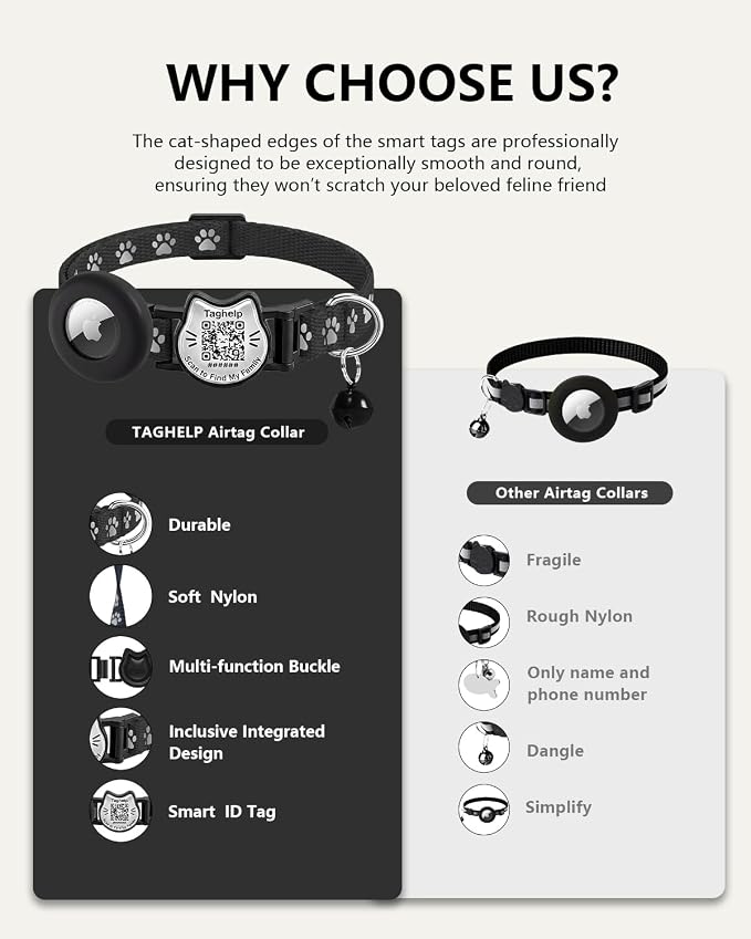 Cat Collar with AirTag Holder, QR Code Tag and Bell (Rose red, Paw Pattern)