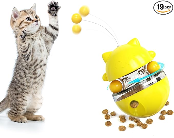Cat Tumbler Interactive Treat Dispenser Toy, No-Electric Automatic Moving Cat Toy with Wand Ball, Slow Feeder & IQ Training Toy for Indoor Cats & Kittens, Yellow