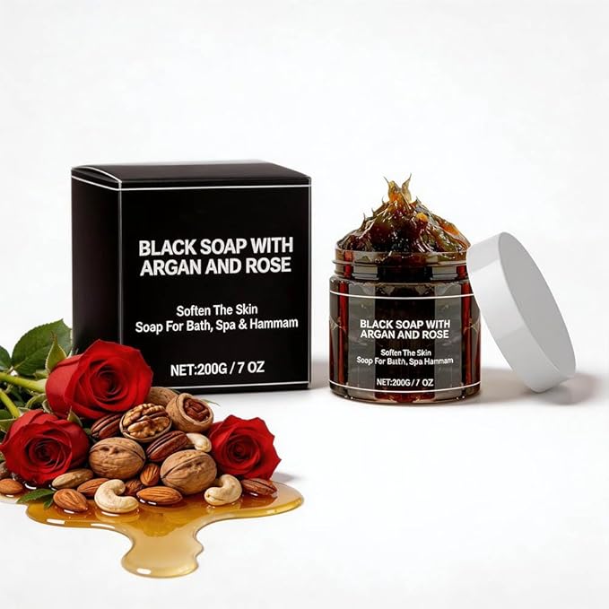 Moroccan Black Soap Hammam, Black Soap for Face, Exfoliating Body Cleanser, Argan Oil Nut Oil and Rose Oil– Deep Cleansing, Softens Skin Highly Moisturize (1PCS Moroccan Body Care)