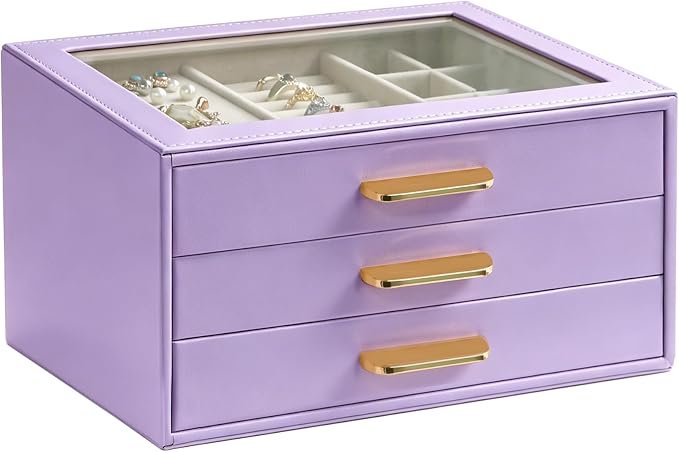 Homeanda Jewelry Boxes Organizer with Glass Lid, 3-Layer PU Leather, Purple | Modern style display case with 3 drawers for daily jewelry, women, mom or girl gift