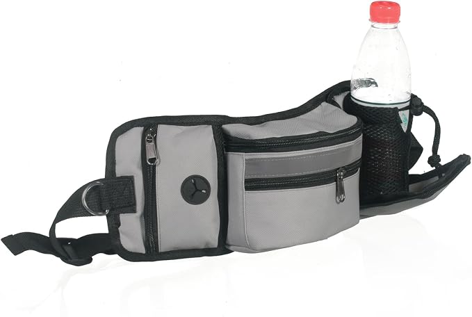 Dog Walking Fanny Pack, Dog Treat Pouch for Training, Large Capacity Pet Treat Bag with Poop Bag Dispenser and Water Bottle Holder, Adjustable Strap (Gray)