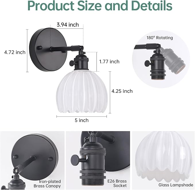 Shenmoyl Vintage Battery Operated Wall Sconce with White Tulip Glass Lampshade Rechargeable Battery Powered Black Wall Light with Remote Control for Bedside Bedroom Doorway, Set of 2