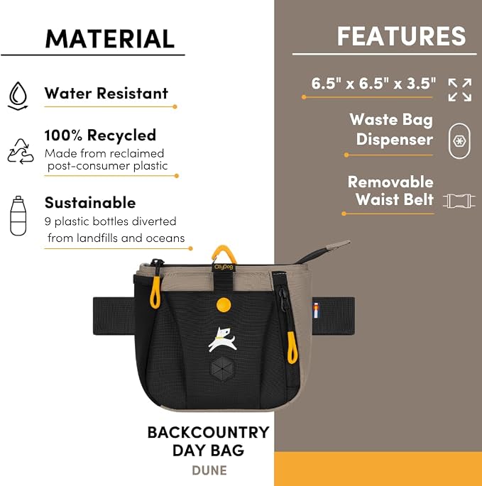 OllyDog Backcountry Day Bag | Dog Training Treat Pouch | Eco-Friendly Recycled Fabric Fanny Pack with Zipper Closure, Built-in Poop Bag Dispenser & Adjustable Waist Belt (Dune)