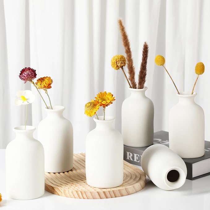 YANLING 6 Pcs White Vase Ceramic Vases for Home Decor, 5.6 inch Boho Vases | Small Pampas Grass Vases for Wedding, Party, Restaurant, Coffee Table, Foam Box Packaging