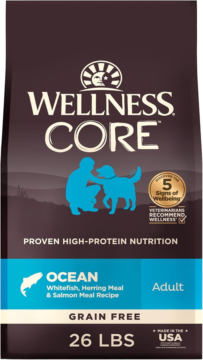 Wellness CORE Adult Dry Dog Food, Grain Free Kibble, Natural, High Protein, Chicken Free, Whitefish, Herring and Salmon Recipe, 26 lb Bag
