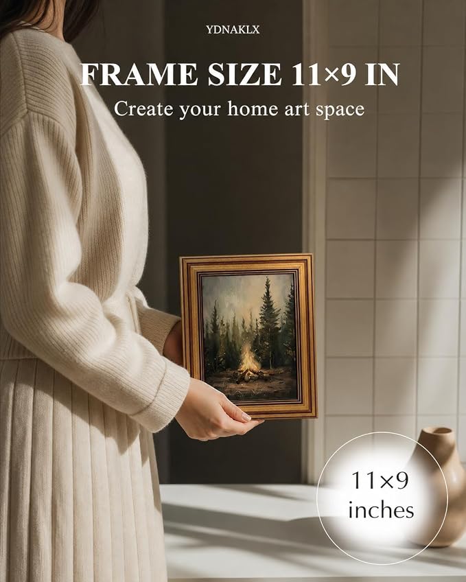 Gold Framed Wall Art, Rustic Campfire Canvas Prints, Vintage Forest Camping Cabin Picture Wall Decor, Dark Academia Woodland Nature Landscape Artwork for Living Room Bedroom 9x11 inch