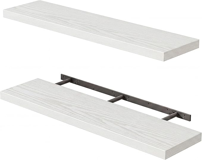 Fixwal Floating Wall Shelves for Decor (White, Set of 2, 35.4Inch) | MDF Shelf with Metal Brackets, Space Saving for Books , Decor, Fits Bathroom, Kitchen, Bedroom, or Office