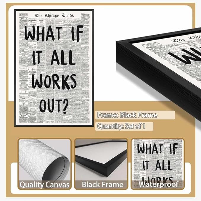 Framed What If It All Works Out Wall Art Black and White Newspaper Poster | Retro Positive Motivational Canvas Print Painting Inspirational Quote Picture Decor for Office Home Bedroom Dorm 12x16inch