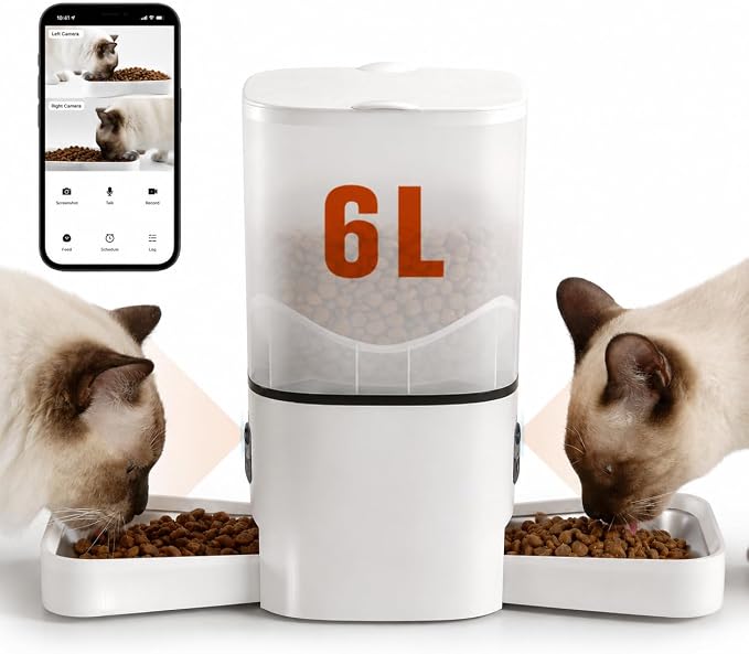 Automatic Cat Feeder with Dual HD Cameras for 2 Cats with APP Control, 6L | Smart WiFi Pet Feeder, Timed Feeding & Portion Control, 2-Way Audio, Night Vision, 5GHz/2.4GHz WiFi