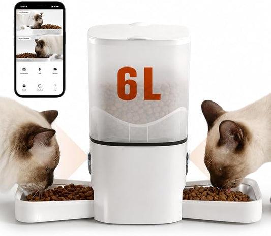 Automatic Cat Feeder with Dual HD Cameras for 2 Cats with APP Control, 6L | Smart WiFi Pet Feeder, Timed Feeding & Portion Control, 2-Way Audio, Night Vision, 5GHz/2.4GHz WiFi