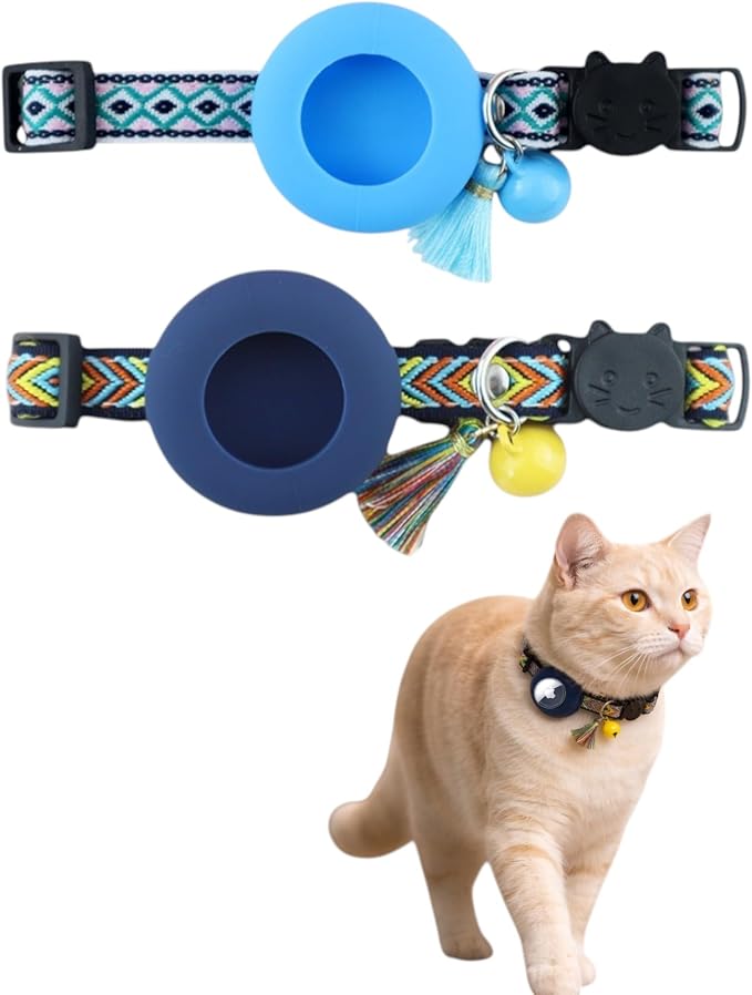 Cat Collar with AirTag Holder – Breakaway Lightweight Woven Cat Collar, Adjustable with Bell for Cats & Kittens (Ocean Voyage Set) | Amazegoods